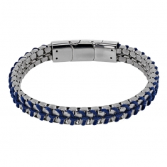 Bracelet maille en acier et coton ciré bleu