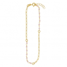 Chaîne de cheville maille allongée, perles de verre quartz rose, argent 925/1000 doré