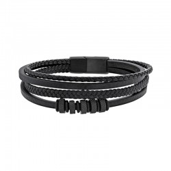 ? Bracelet 4 rangs synthétique noir, lisse et tressé, avec anneaux et fermoir en acier