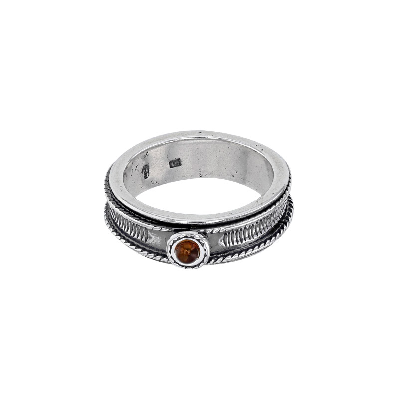 Anneau tournant homme orné d'une ambre cognac, argent 925/1000 vieilli