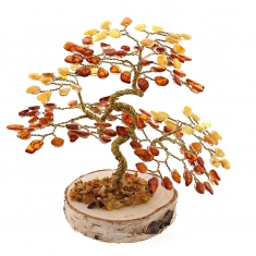 Arbre en ambre (135 pétales) et fil de cuivre, sur socle en bouleau H 12cm