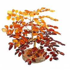 Arbre en ambre (288 pétales) et fil de cuivre, sur socle en bouleau H 18cm