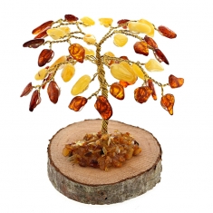 Arbre en ambre (45 pétales) et fil de cuivre, sur socle en bouleau H 8cm