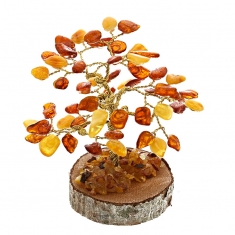 Arbre en ambre (54 pétales) et fil de cuivre, sur socle en bouleau H 11cm