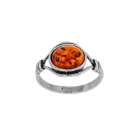 Bague 2 fils ajourés, ambre cognac ovale en argent 925/1000 vieilli