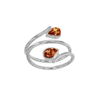 Bague 2 petites ambres cognac en forme de goutte, argent 925/1000 rhodié