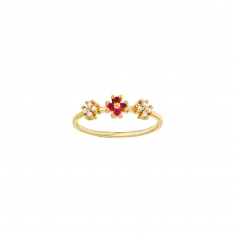 Bague 3 fleurs 4 Rubis 1,5mm et 8 diamants 0,10ct GVS, Or 750/1000
