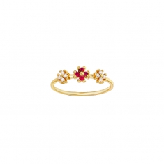 Bague 3 fleurs 4 Rubis 1,5mm et 8 diamants 0,10ct GVS, Or 750/1000