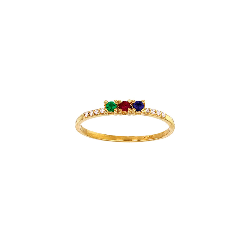 Bague Émeraude, Rubis et Saphir 2mm et 8 diamants 0,12ct GVS, Or 750/1000