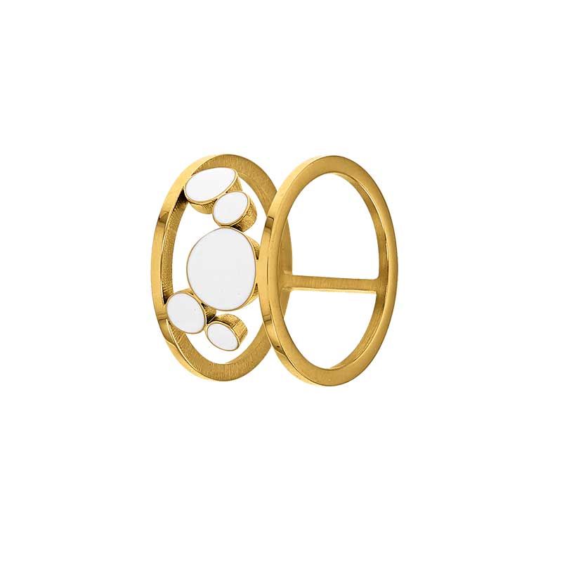 Bague acier avec cascade de ronds émaillés blancs et noirs accolés