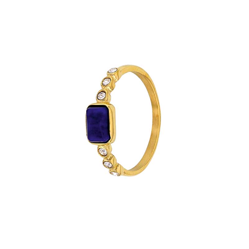 Bague Acier cristaux blancs et pierre synthétique couleur aigue-marine