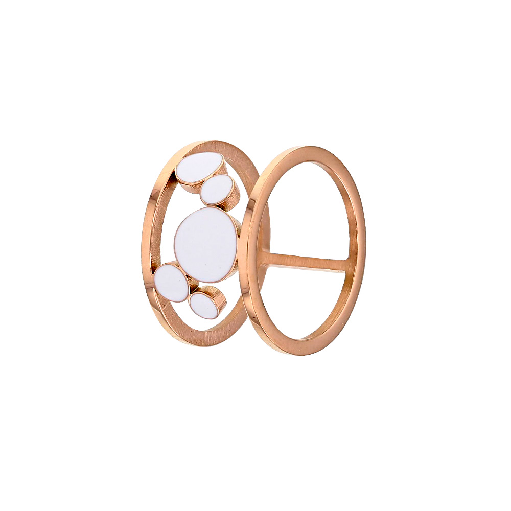 Bague acier doré-rose avec ronds accolés en émail blanc