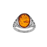 Bague ajourée à motif, ambre cognac en argent 925/1000 rhodié