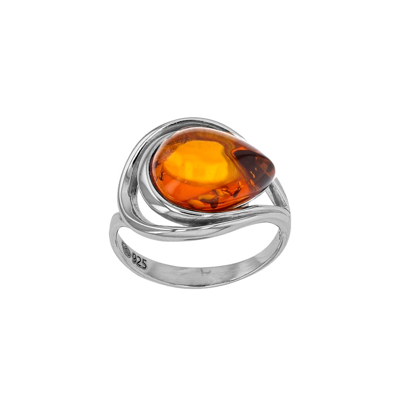 Bague ajourée ambre cognac forme amande, argent 925/1000 rhodié