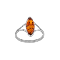 Bague ajourée ambre cognac forme marquise, argent 925/1000 rhodié