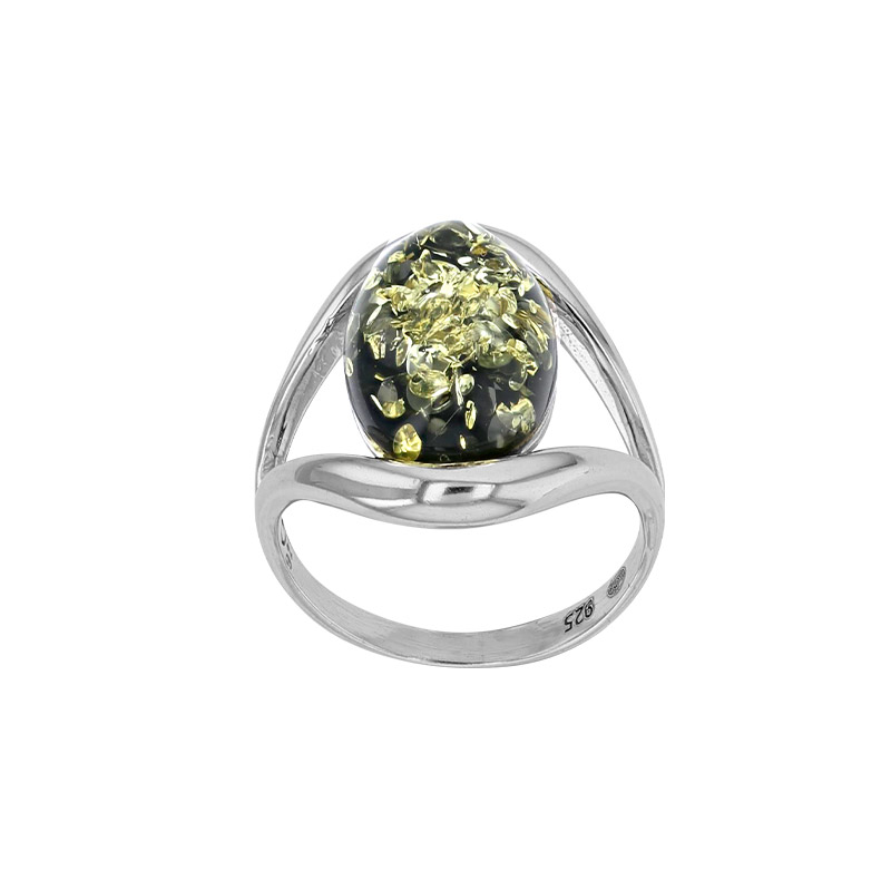 Bague ajourée, ambre verte, argent 925/1000 rhodié