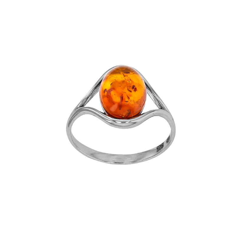 Bague ajourée ornée d'une ambre cognac, argent 925/1000 rhodié