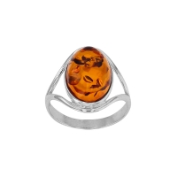 Bague ajourée ornée de grand ambre cognac, argent 925/1000 rhodié