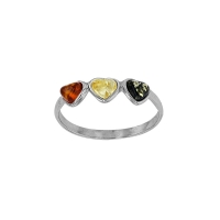 Bague ambre avec 3 coeurs tricolores et argent 925/1000 rhodié