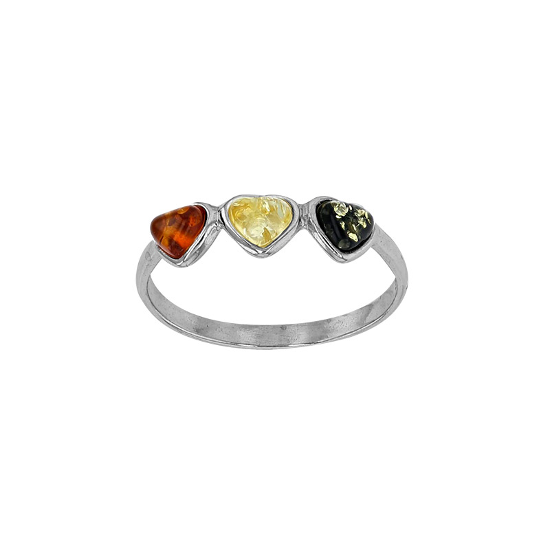 Bague ambre avec 3 coeurs tricolores et argent 925/1000 rhodié
