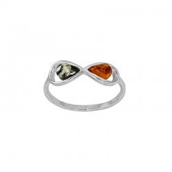 Bague ambre cognac et vert, signe infini en argent 925/1000 rhodié