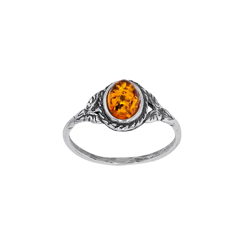 Bague ambre cognac, forme ovale et motifs papillon en argent 925/1000 vieilli
