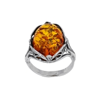 Bague ambre cognac, grand ovale ajouré, motifs anciens, argent 925/1000 vieilli