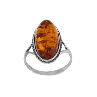 Bague ambre cognac, grand ovale allongé et strié, argent 925/1000 vieilli