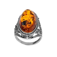 Bague ambre cognac ovale, motif ancien ajouré, argent 925/1000 vieilli