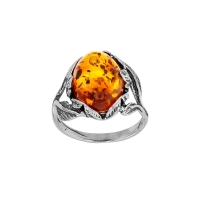 Bague Ambre cognac rond, ajouré motifs feuillage, Argent 925/1000 vieilli