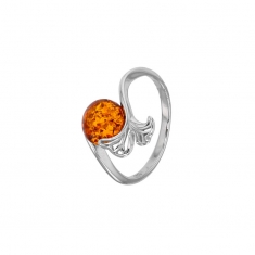 Bague Ambre forme boule et feuille Ginkgo argent 925/1000 rhodié