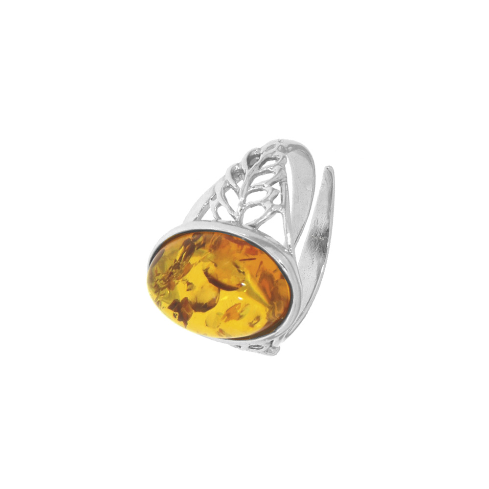 Bague Ambre réglable en argent 925/1000 rhodié orné de feuilles