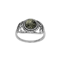 Bague ambre vert, grand ovale ajouré, motifs anciens, argent 925/1000 vieilli