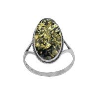 Bague ambre vert, grand ovale allongé et strié, argent 925/1000 vieilli