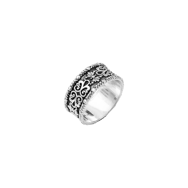 Bague anneau homme avec ornements sur argent vieilli, argent 925/1000