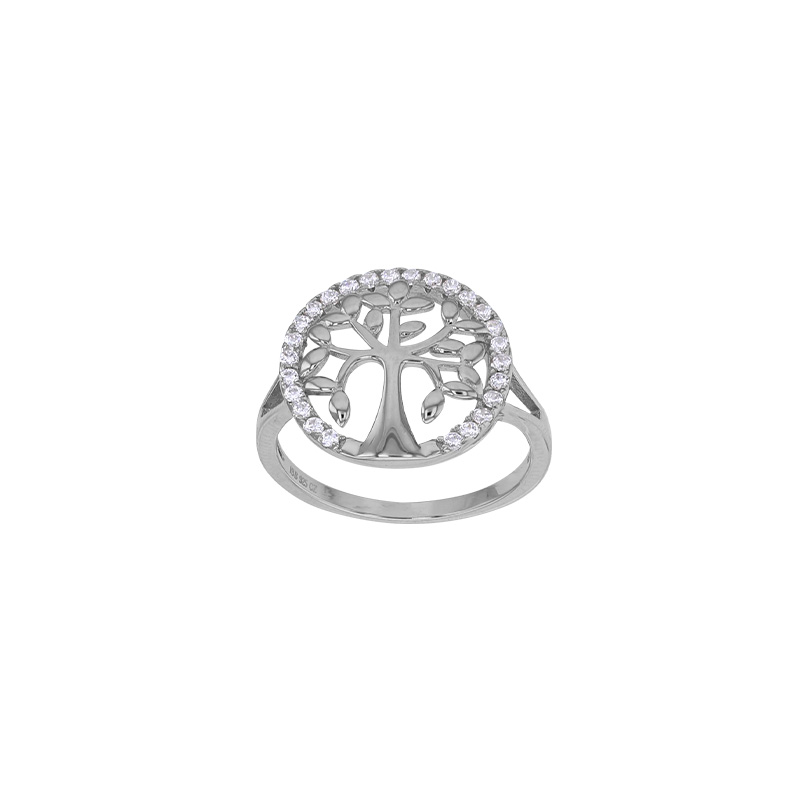 Bague Arbre de vie avec cercle pavé d'oxydes, argent 925/1000 rhodié