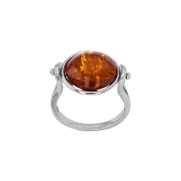 Bague Arbre de vie  rotative serti clos ambre cognac et ajouré, argent 925/1000 rhodié