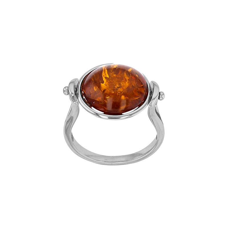 Bague Arbre de vie  rotative serti clos ambre cognac et ajouré, argent 925/1000 rhodié