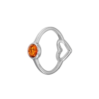 Bague Argent 925/1000 rhodié avec coeur ajouré et boule en Ambre