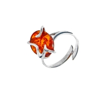 Bague argent 925/1000 rhodié réglable en Ambre miel