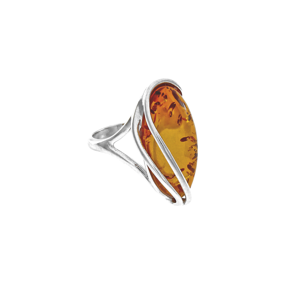 Bague argent 925/1000 en ambre miel à pierre allongée