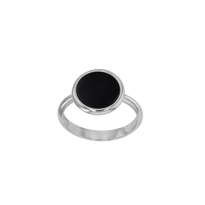 Bague argent 925/1000 rhodié avec agate noire ronde