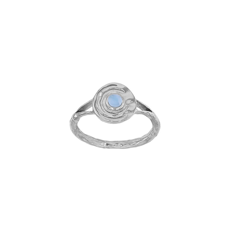 Bague aspect martelé orné d'une pierre Larimar, argent 925/1000 platiné