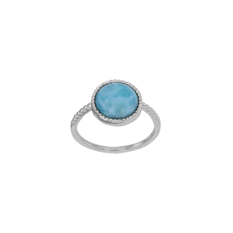 Bague aspect perlé, pierre Larimar ronde, argent 925/1000 platiné