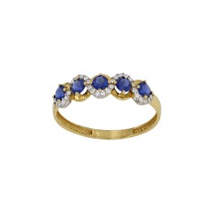 Bague avec 5 oxydes ronds bleu saphir serti clos, entouré d’oxydes blancs, Or 375/1000