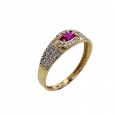 Bague bicolore ornée d’un oxyde rouge central et entourée d'oxydes blancs, Or 375/1000