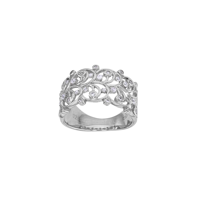 Bague bohême ornée d'oxydes sertis clos, argent 925/1000 rhodié