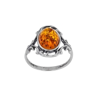 Bague cabochon ajourée, ambre cognac ovale, argent 925/1000 vieilli