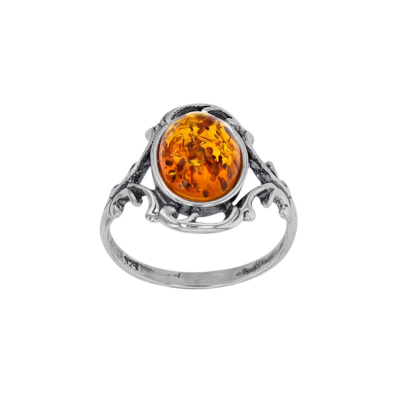 Bague cabochon ajourée, ambre cognac ovale, argent 925/1000 vieilli