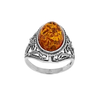 Bague cabochon ambre cognac ovale, motif antique, argent 925/1000 vieilli